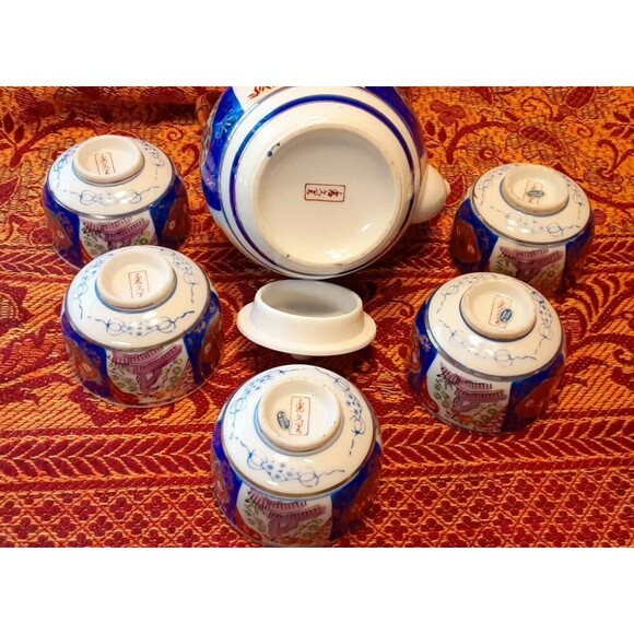 Vintage Japanese Asian Imari Blue White Purple Green Gold Teapot Teacups Set - Picture 5 of 10